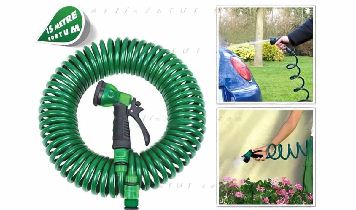 10 Metre Otomatik Toplanan Spiral Hortum Ve 7 Fonksiyonlu Sulama Tabancası - 1