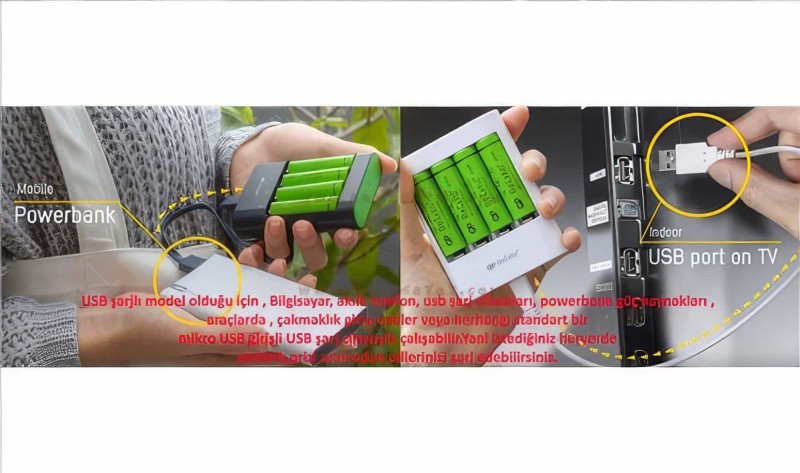 4 Adet Gp Recyko 1000 Serisi Aaa Şarjlı İnce Kalem Pil + Gp U411 Usb Pil Şarj Cihazı - 6