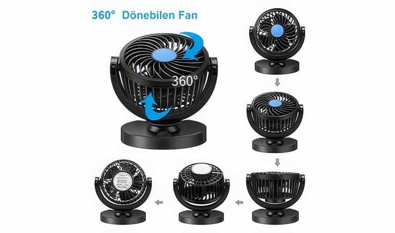 Oto - Kamyon - Tır Vantilatör 12v Ve 24v Uyumlu 360 Derece Dönebilen Portatif Araç Vantilatörü Fan - 2