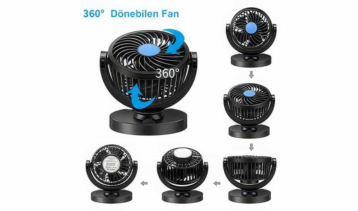 Oto - Kamyon - Tır Vantilatör 12v Ve 24v Uyumlu 360 Derece Dönebilen Portatif Araç Vantilatörü Fan - 2