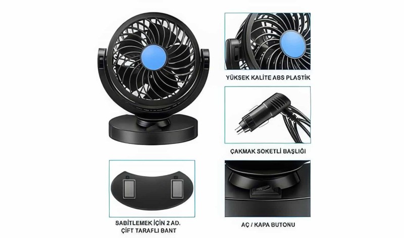 Oto - Kamyon - Tır Vantilatör 12v Ve 24v Uyumlu 360 Derece Dönebilen Portatif Araç Vantilatörü Fan - 4
