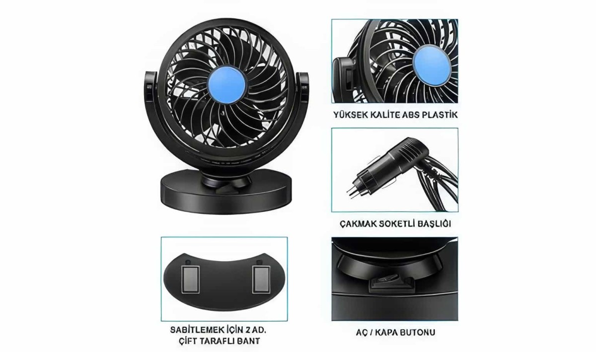 Oto - Kamyon - Tır Vantilatör 12v Ve 24v Uyumlu 360 Derece Dönebilen Portatif Araç Vantilatörü Fan - 4